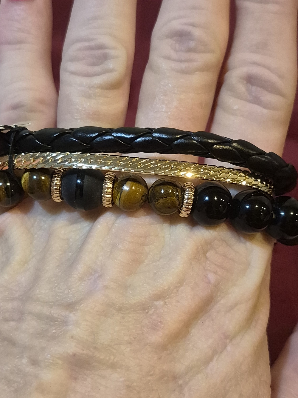 GUESS Men's 3-Piece Stackable Bracelet Set NWT Tiger's Eye Black 19-9420
